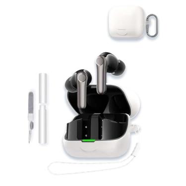 Imagem de Capa para EarFun Air Pro 4+ 2025, capa protetora de silicone macio WUNIAK portátil resistente a arranhões com kit de limpeza, mosquetão e cordão para EarFun Air Pro4+, branca