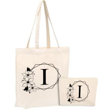 Imagem de Bolsa de lona inicial, presentes personalizados, adequada para casamento, aniversário, praia, férias, trabalho, dia das mães, conjunto de sacolas de cosméticos de Natal e sacola de presente monograma