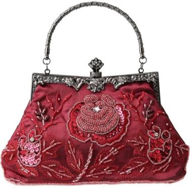 Imagem de YUGAORULI Bolsa vintage com contas para noite com pérolas, bolsa de mão feminina de casamento, de lantejoulas, bolsa de ombro floral, Vinho tinto
