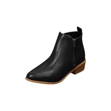 Imagem de Botas femininas de cano curto, bico fino, zíper lateral, salto baixo grosso para um estilo elegante e confortável, Preto, 38