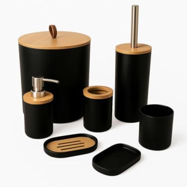Imagem de Kit Banheiro 6 Peças Preto com Bambu Dispenser para Sabão Porta Escova Lixeira com Tampa Porta Sabonete e Acessórios Premium