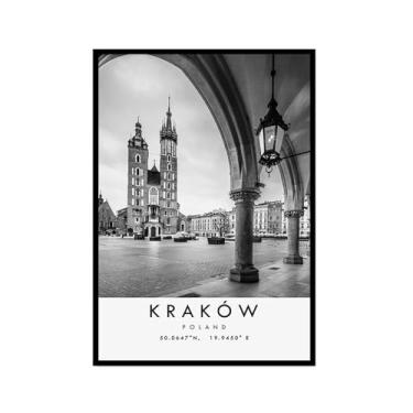 Imagem de Pôster de viagem preto e branco impressão paisagem da cidade do mundo pintura em tela Krakow pôster arte de parede decoração de casa (16 x 24 polegadas (40 x 60 cm), moldura para fotos)