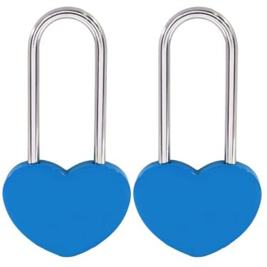Imagem de BokWin Pacote com 2 cadeados de coração de 3,5 polegadas 50 mm cadeado de coração azul em forma de coração para casais casamento romântico dia dos namorados aniversário viagem ponte presente sem