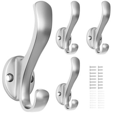 Imagem de Ruiziiz Ganchos de casaco resistentes - Ganchos de toalha de metal fáceis de instalar, ganchos de parede modernos para pendurar chapéu, toalha, chave, roupão, cachecol, bolsa, boné (4 peças prata)