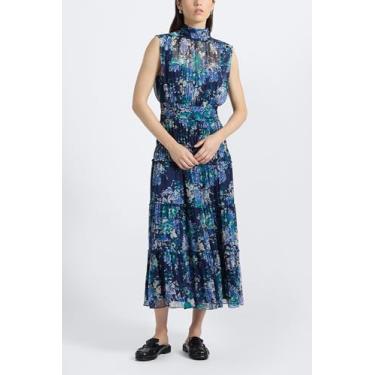 Imagem de Derek Lam 10 Crosby Vestido feminino Junia Floral Tapeçaria Estampado Chiffon Enrugado Gola Alta, Azul marinho/jade/cru, 38