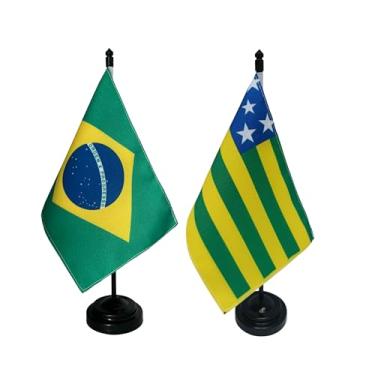Imagem de Kit Bandeira de Mesa Brasil e Goiás, Decorativa, Dupla Face, Multicolorido, 19x13cm, Base Preta, Escritório e Eventos, Oxford, 26cm Altura Total
