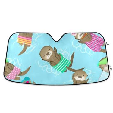 Imagem de Persiana de sol personalizada com lontras coloridas para para-brisas de carro engraçadas universais dobráveis para janelas dianteiras florais automotivas M, 139,7 cm x 70,1 cm