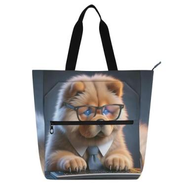 Imagem de GAIGEO Bolsa de mão Chow Chow Filhote de cachorro fofo para crianças e mulheres, livro de trabalho escolar com zíper, lona, estampa floral