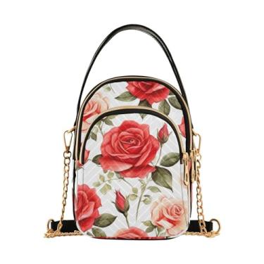 Imagem de Bolsa tiracolo feminina floral azul com listras roxas e azuis e correntes douradas, crossbody, bolsas transversais femininas, Flor estilo aquarela com rosa vermelha - 3, One Size