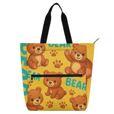 Imagem de GAIGEO Linda bolsa de trabalho amarela com urso de desenho animado para mulheres, bolsa de lona, bolsa escolar universitária, bolsa feminina infantil com compartimentos