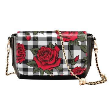 Imagem de GAIGEO Bolsa tiracolo feminina de couro em aquarela Red Roses, bolsas transversais de couro para mulheres, Rosas vermelhas no tabuleiro xadrez preto e branco 3, One Size
