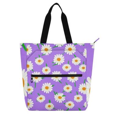 Imagem de GAIGEO Margaridas brancas lavanda roxa bolsa de trabalho feminina lona praia escola sacola bolsas professores amantes de livros