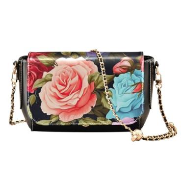 Imagem de Bolsas de ombro femininas pretas com cogumelos e plantas, bolsas de couro transversais para mulheres, Rosa rapsodizada em flor azul - 1, One Size