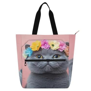 Imagem de GAIGEO Linda bolsa de mão cinza com coroa floral para mulheres, crianças, escola, trabalho, zíper para livros, bolsa média de lona