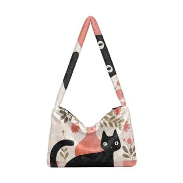 Imagem de GAIGEO Cute Cat Behind Broken Wall Bolsa feminina, bolsa tiracolo para mulheres, bolsa feminina para uso ao ar livre, Vaso de bolinhas rosa gato preto, One Size