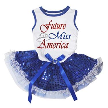 Imagem de Petitebella Future Miss America vestido de cachorro tutu camiseta branca para cachorro (tutu de renda com lantejoulas azuis, 3GG)