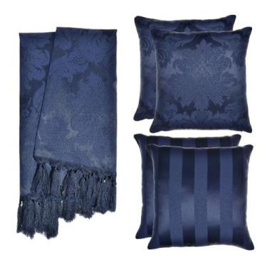 Imagem de Kit Manta para Sofá Jacquard 1.8x1.4m + 4 Capas de Almofada 45x45cm - Conjunto Protetor e Decorativo com Franjas Artesanais(Azul Marinho 131)