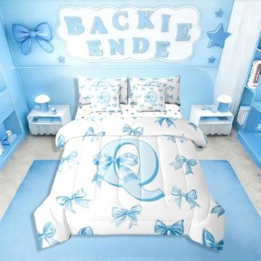 Imagem de Lindo conjunto de cama solteiro com laço de letra azul, 7 peças, para meninas, conjunto de edredom com letra inicial personalizada com lençóis, cama com laço de princesa sonhadora em uma bolsa para