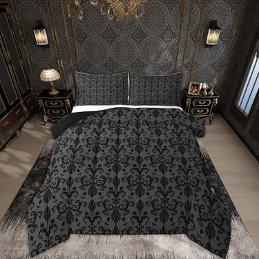 Imagem de jejeloiu Conjunto de edredom vintage damasco para todas as estações, gótico, boêmio, floral, com 2 fronhas, microfibra antiga, oriental e queen para decoração de quarto, edredom macio