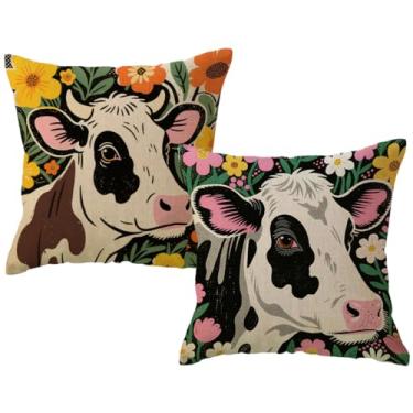 Imagem de Capas de almofada de vaca floral com flores coloridas capa de almofada decoração rústica casa de fazenda lindas fronhas de vaca leiteira 45 x 46 cm, pacote com 2 para sofá (multi)