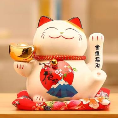 Imagem de FENNYYAR Lindo gato da sorte de cerâmica com caixa de presente, 16 cm, presente de decoração de casa para abertura de loja