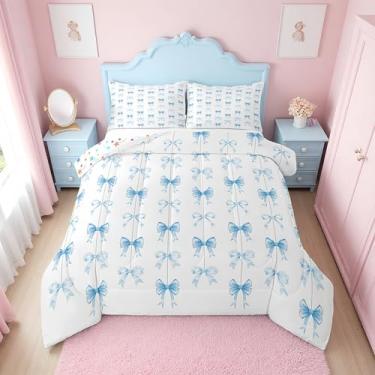 Imagem de Erosebridal Jogo de cama casal com laço azul fofo para meninas | Conjunto de edredom com nó de laço coquete para crianças, mulheres, colcha de laço de fita azul, kawaii, decoração de quarto, 2 fronhas