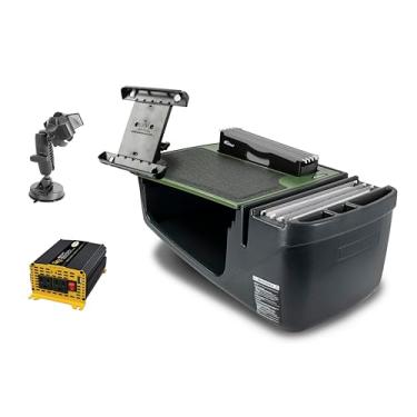 Imagem de AutoExec Mesa de carro Efficiency FileMaster para sua estação de trabalho de veículo e escritório móvel, verde exército, com inversor de potência de 400 watts, suporte para tablet e suporte de