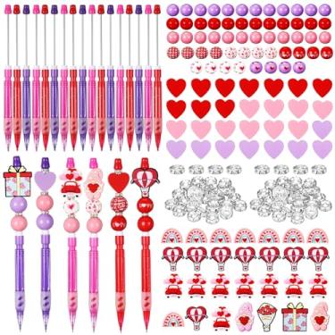 Imagem de Fullhawl Kit de 224 lápis de contas para dia dos namorados, 28 conjuntos de lápis de contas DIY com miçangas rosa e bolsas de canetas para presente de dia dos namorados, material escolar e escritório