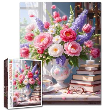 Imagem de Quebra-cabeça tulipa em vaso 1000 peças para adultos, quebra-cabeças de flores de primavera para jogos desafiadores de atividades em família, plantas margaridas peônia para decoração de parede de casa