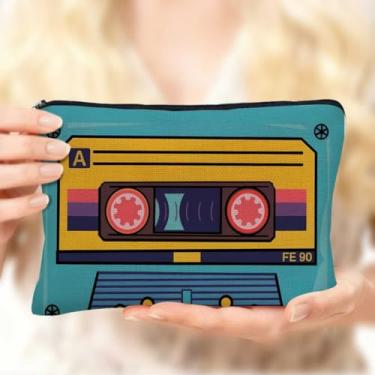 Imagem de Bolsa de maquiagem pequena com design de fita cassete vintage, bolsa organizadora portátil de higiene pessoal bolsa cosmética de grande capacidade com zíper, presentes de aniversário para mulheres e