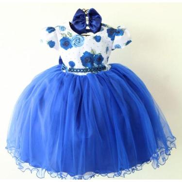 Imagem de Vestido Infantil Floral Azul Royal Luxo E Tiara - Pingo De Gente, Azul