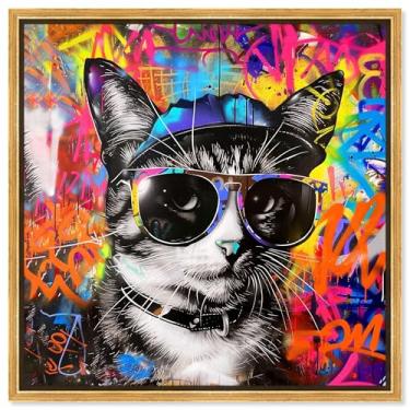 Imagem de Art Remedy Arte graffiti em tela de gato graffiti elegante, moldura dourada, 30,5 cm x 30,5 cm