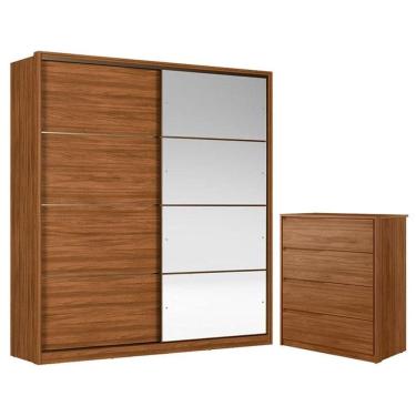 Imagem de Cômoda Átria 4 Gavetas e Guarda Roupa Casal Belga Nogueira Touch Flex com Espelho Demóbile – Demartêz 