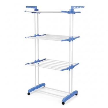 Imagem de Varal de Pé Triplo com Rodinhas, Aço Inox e Polipropileno, Azul, 64x170cm, Dobrável, 3 Andares