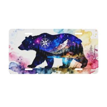 Imagem de Céu estrelado, galáxia, urso, aventura, montanha, bússola, aquarela, placa de licença frontal, placas decorativas de alumínio, placa de carro de metal, 15 x 30 cm, novidade com 4 furos, acessório de
