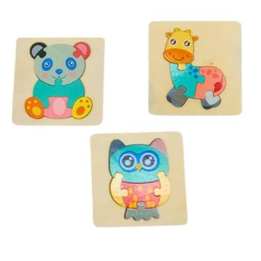 Imagem de Kit 3 Quebra Cabeça Madeira Mini Sortidos Animais Madeira - Dony Toys