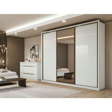 Imagem de Guarda Roupa Casal com Espelho 3 Portas de Correr 6 Gavetas Spazio Glass Lopas - Branco 