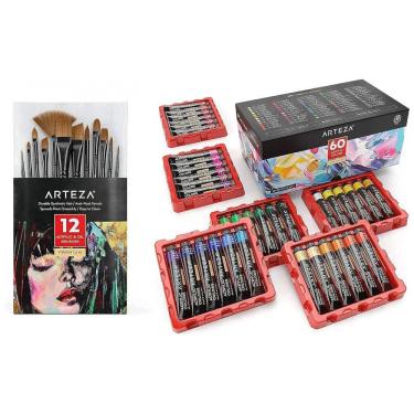 Imagem de Kit de Tinta Acrílica Profissional com 12 Pincéis e 60 Cores, Arteza