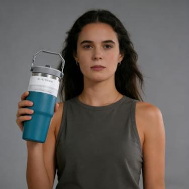 Imagem de Copo de aço inoxidável com alça - Garrafa de água isolada a vácuo de 590 ml para casa, escritório ou carro, copo reutilizável com canudo resistente a vazamento, flip azul