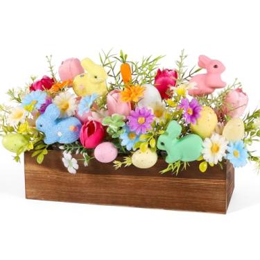 Imagem de Mesa de centro de mesa de Páscoa, arranjos florais artificiais, caixa de madeira, planta em vaso com ovos de coelho, tulipas, cenouras, flores, para Páscoa, bandeja em camadas, prateleira, mesa,