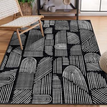 Imagem de MUJOO Tapete lavável 7,5 x 12,5 cm, moderno, abstrato, antiderrapante, antiderrapante, tapete preto e branco para sala de estar, quarto, entrada