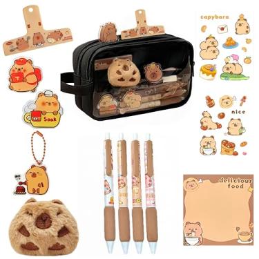 Imagem de IN Chenthy Kit de bolsa de capivara Kawaii, conjunto de papelaria capivara, estojo de lápis fofo com boneca, bloco de notas, pingente, adesivos, alfinete, clipe de diário + canetas, Preto
