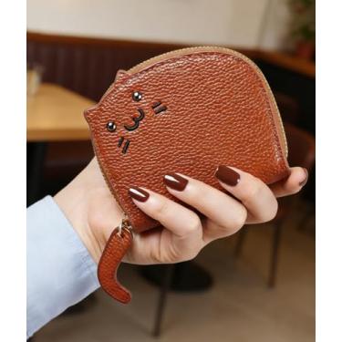 Imagem de Porta-cartões Cedit com 11 compartimentos, carteira feminina de couro de gato fofo, Marrom, 11x9x2.5cm