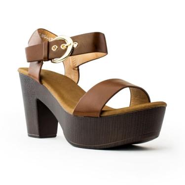 Imagem de RF ROOM OF FASHION Sandália feminina peep toe com tira no tornozelo, salto grosso, plataforma, Tan Pu - Banda única, 40