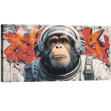 Imagem de Halioyo Arte de parede em tela de macaco grafite para bar, gorila abstrata com fone de ouvido imagens de decoração de música, arte de rua hip pop para dormitório, quarto de adolescente, corredor, sala