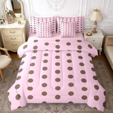 Imagem de Jogo de cama Queen com bolinhas e bolinhas geométricas, listras e círculos geométricos, simples, feminino, para todas as estações, edredom de cima e elástico, 2 fronhas, 2 fronhas, 7 peças