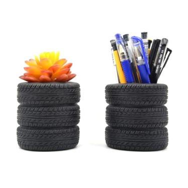 Imagem de Porta-lápis em forma de pneu e vaso de suculentas, organizador de canetas de PVC para mesa, escritório criativo e decoração de casa, presente para amantes de carros (preto)