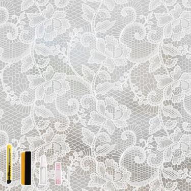 Imagem de NINETREX Película de privacidade para janela fosca, película de vitral de renda branca, adesivo de privacidade removível com aderência estática, matiz decorativa com bloqueio solar com efeito para