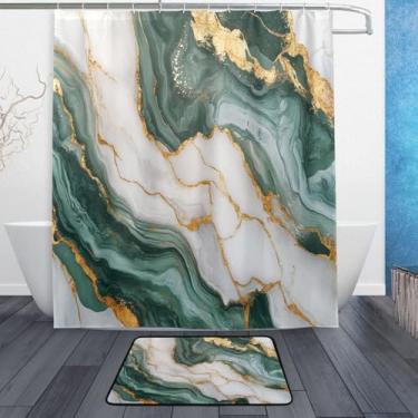 Imagem de xigua Conjunto de tapetes de cortina de banho com textura de mármore dourado verde 2 peças, conjunto temático de banheiro (152 x 182 cm) com cortina de chuveiro e tapete antiderrapante -12 ganchos 540
