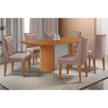 Imagem de Mesa Cozinha Pilar c/ Tampo Madeirado Canto Curvo 180x90cm e 6 Cadeira